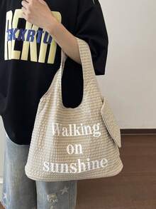 Nueva bolsa de hombro de material de nailon de moda casual con rayas sólidas, monedero con textura de gofre, bolso de mano de gran capacidad para mujer, adecuado para ir al trabajo y de comp - Oro rosa - Ver 5