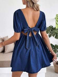 Vestido corto de maternidad de mezclilla azul con mangas de pétalo - Azul lavado oscuro - Ver 4