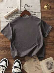 Women's Summer Short-Sleeved T-Shirt With Slogan Print, Loose Fit And Round Neck, Fashionable Holiday Wear, Suitable For Everyday Wear And Vacation, Black Color - 深灰色 - 查看 7
