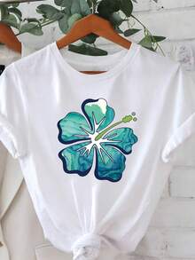 Camiseta manga corta cuello redondo 100% algodón, estampado trendy, tejido ligero y ventilado, estilo moda casual, apta para vida diaria, salidas informales y citas en primavera, verano y otoño - Blanco - Ver 1