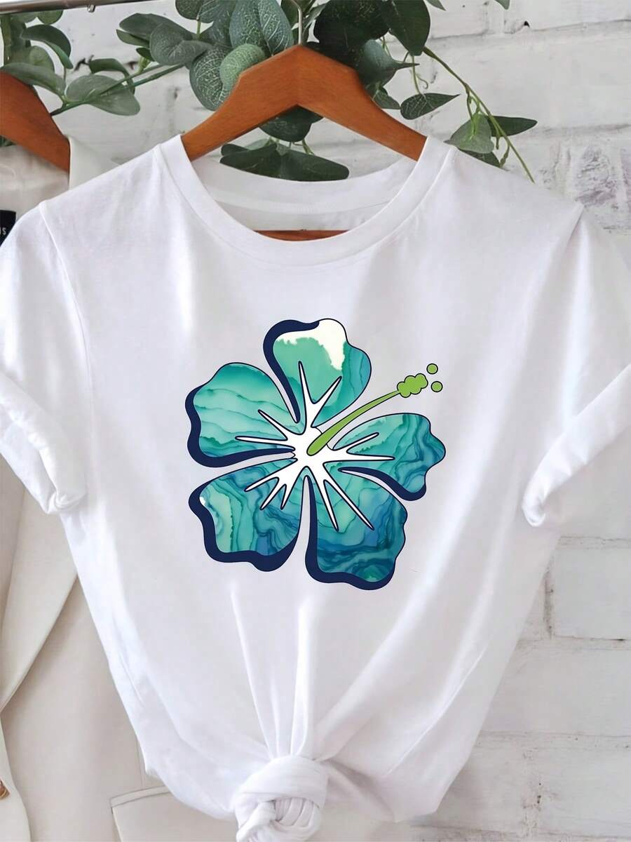 Camiseta manga corta cuello redondo 100% algodón, estampado trendy, tejido ligero y ventilado, estilo moda casual, apta para vida diaria, salidas informales y citas en primavera, verano y otoño - Blanco - Ver 1