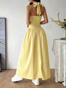 Vestido con cuello en V profundo francés, espalda descubierta, cintura con lazo y plisado, sexy - Amarillo - Ver 2