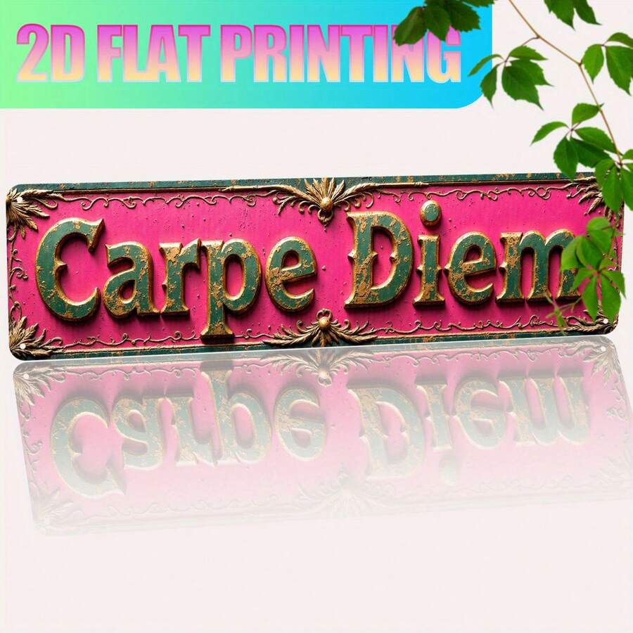 Vintage Latin Phrase "Carpe Diem" 2D Flat Sign - Designed In Retro Green, Blue, And Pink Rustic Country Style, Made Of Durable Aluminum Metal, Suitable For Home, Cafe, Bar - A - View 1