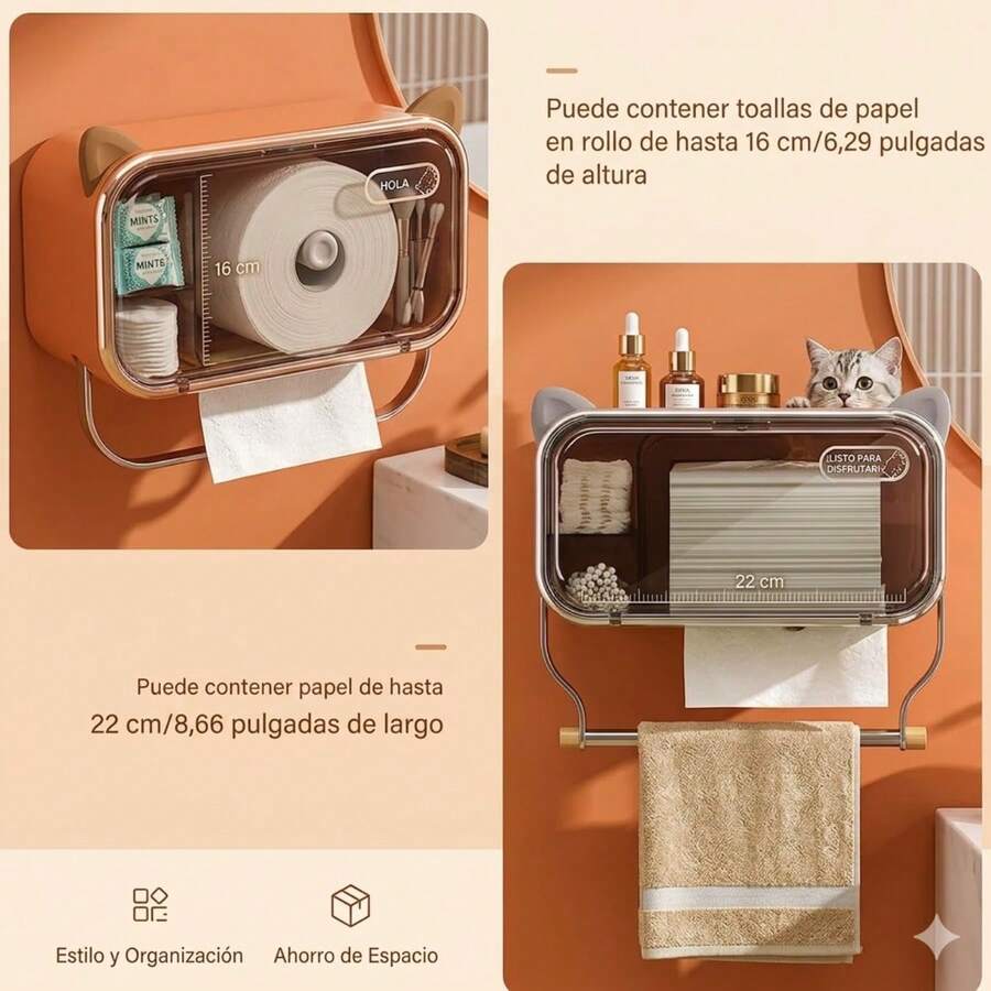 Caja de pañuelos de pared con toallero, impermeable, transparente, dispensador de toallas de papel, soporte para extracción de papel, caja de almacenamiento para inodoro de baño con estante superior, - Blanco - Ver 1