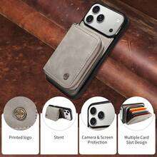 Wallet Zipper Card Holder Phone Case, RFID Blocking & Shockproof Protective Leather Cover With Stand Function, Compatible With IPhone 17Pro Max, 17Pro, 17Air, 17, 15, 16 ProMax, 14 Pro, 13, 12, 11, - Grey - View 7