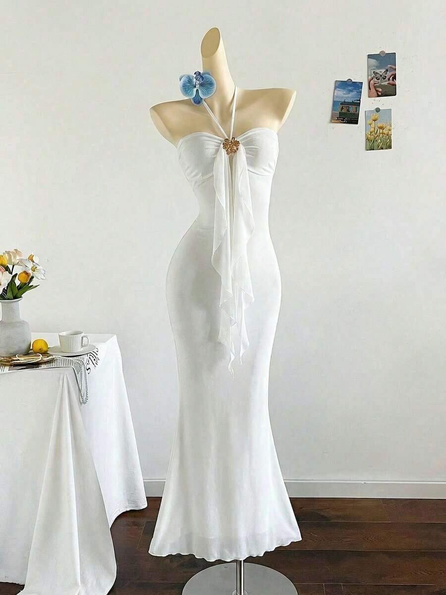 2026 Women's Romantic Gradient Mesh Knit Holiday Dress With Halter Neck, Bow And Decorative Metal Buckle, Mermaid Cut, Suitable For Parties, Dates, Afternoon Tea, Sexy And Elegant - 白色 - 查看 1