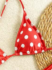 Nuevo conjunto de bikini con estampado de lunares sexy, espalda descubierta y lazo, con tirantes de espagueti para playa y piscina en vacaciones - Rojo - Ver 3
