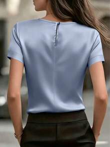 Áo kiểu nữ thanh lịch cổ tròn tay ngắn bằng vải satin, thích hợp cho mùa xuân và mùa hè. - Màu xanh lam - Xem 2