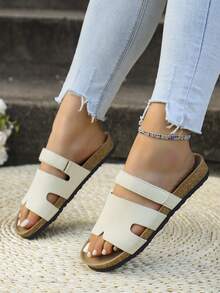 Women's New Soft Cork Bottom Casual Slippers, Elegant Beach Resort Bohemian Casual Fashion Sexy PU Leather Hollow Out Flat Sandals, Beach Summer - White - View 2