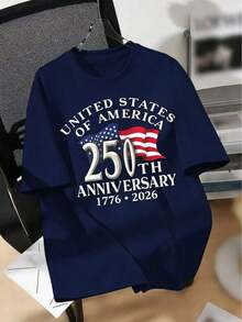 Big And Tall Mens Shirts 180G Cotton Short Sleeve Shirt 250th Anniversary Patriotic Theme Print Vintage Numbers And Design American Celebration Daily Casual Top GOHS - 藏蓝色 - 查看 2