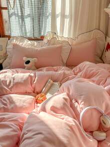 Light Pink Girl Style Black Trim White Ruffle Edge Simple Comfortable Soft Skin-Friendly Duvet Cover Set 3 Pieces (1*Duvet Cover + 2*Pillowcases, No Filling), Suitable For Bedroom Guest Room, Machine Washable, All Seasons - Baby Pink - View 9
