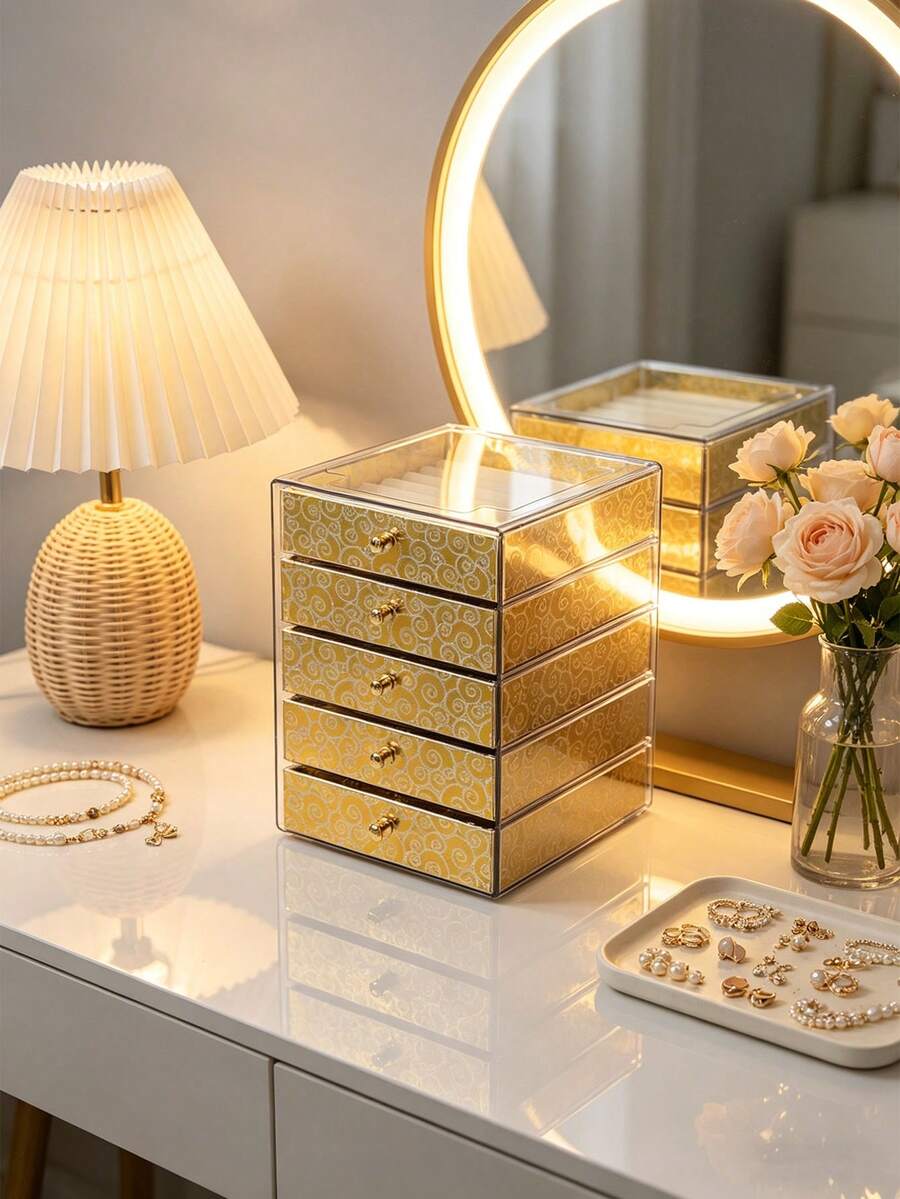 1pc, 5/1 Layer, Printed Acrylic, Jewelry Box, Multi-Layer, Large Capacity, Drawer Style, Accessories, Storage Box - Multicolor - View 1