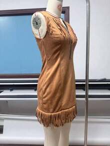Vestido con cremallera sin mangas recortado en muntjac vaquero retro explosivo - Marrón - Ver 7