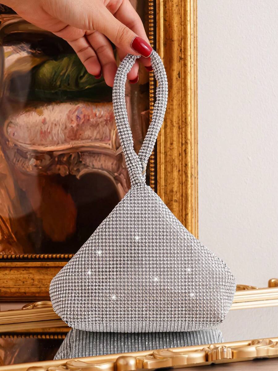 Bolso de mano mini con decoración de rhinestones, bolso de fiesta de forma única, bolso para lápiz labial, bolso pequeño y lindo a juego con vestido formal, bolso de mano de moda - Plateado - Ver 1