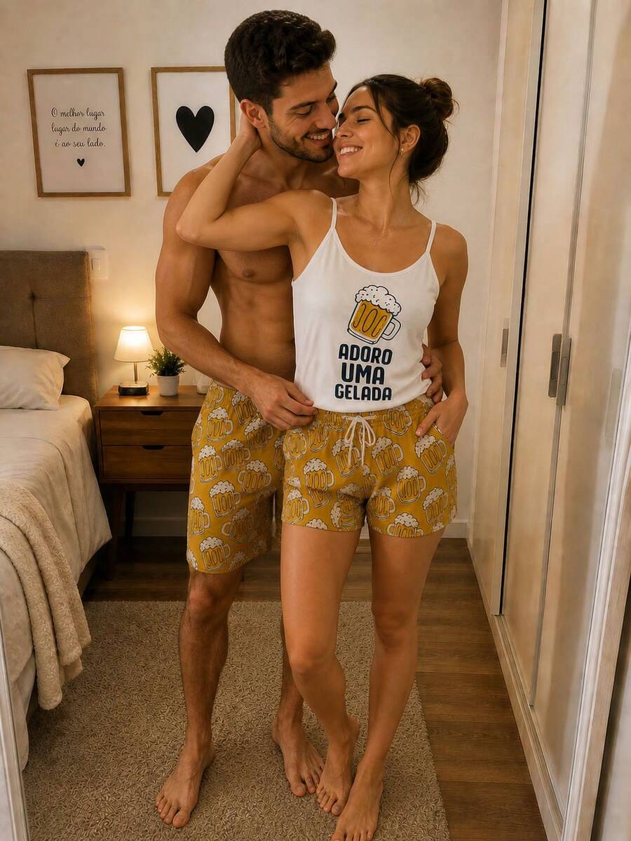 Women's Baby Doll Couple Pajamas I Love A Cold One Piece + Men's Striped Shorts One Size - 白色 - 查看 1