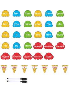 hoojojo 29Pcs Ice Cream Pronoun Matching Cards, Erasable Reusable Paper Flash Cards Grammar Word Recognition Cognitive Learning Game Props Interactive Study Supplies Stationery Reward Game Back To School Activity - Multicolor - View 12
