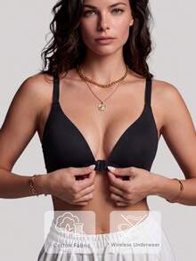 3pcs Women V-Neck Comfortable Wireless Front Closure Soft Cup Solid Color Cotton Bras With Adjustable Straps - Multicolor - View 3