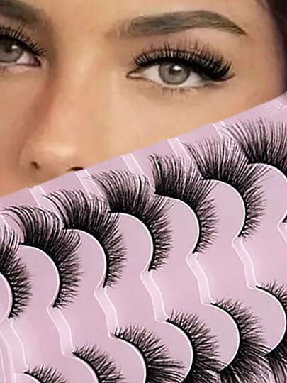 Natural Fox Eye Series False Eyelashes (7 Pairs) – Front Short Back Long 3D Voluminous Style, Fine Soft Synthetic Fiber, Comfortable One-Piece Wear
