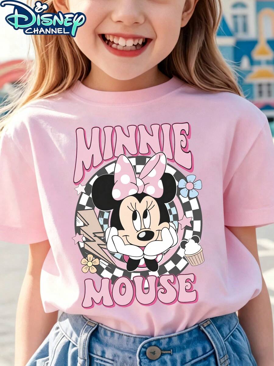 Disney Minnie Mouse With Cupcake Print T-Shirt, Designed Specifically For Girls – Premium Children's Wear, Short Sleeve Casual Style, Adorable Design, Suitable For All Seasons, Ideal For Parties And Everyday Play. Features Machine Washable Design, Perfect As A Gift, The Top Choice For Girls' Short Sleeve Tops. - 粉色 - 查看 1