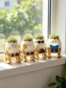 1pc Cute Egg-Shaped Succulent Planter With Rocking Chair, Resin Smiling Face Plant Pot, Funny Cartoon Flower Pot Suitable For Indoor Home, Balcony, Desktop Decoration, Gardening Gift - Multiple Styles - View 3