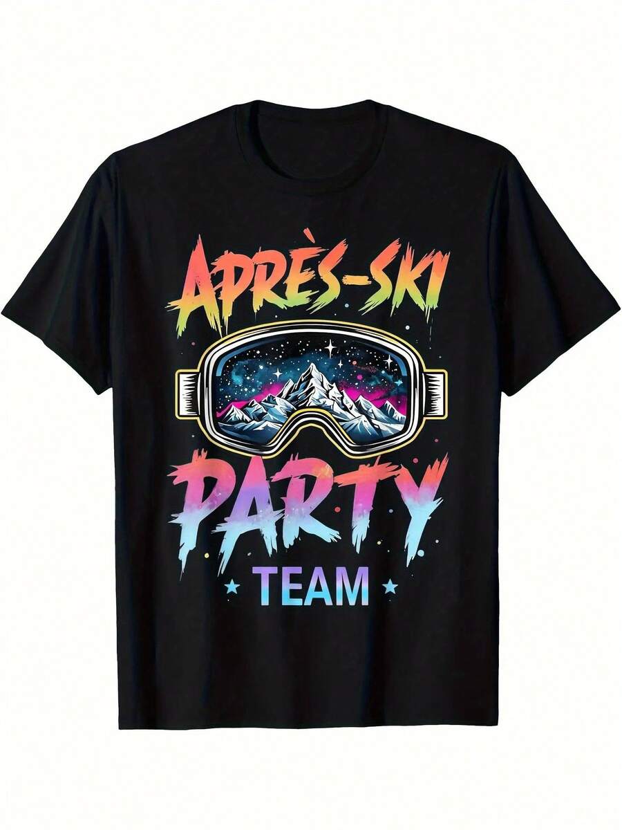 Retro 80s And 90s Graphic Tee With Neon Glitter For Men And Women, For Après-Ski Parties - Black, Short Sleeve, Crew Neck, Casual Design For Skiing And Mountaineering With Neon Glitter, Machine Washable, Summer Outdoor Sports T-Shirt (Not Suitable For Dry Cleaning) - 黑色 - 查看 1
