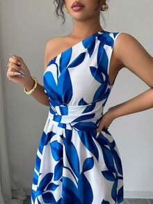 Vestido sin mangas con cuello asimétrico, abertura en el muslo y estampado de todo sobre - Multicolor - Ver 5