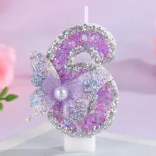 紫色闪光蝴蝶数字生日蜡烛，3D闪亮珍珠蝴蝶结蛋糕装饰，适合女孩的梦幻派对 - 1PC - 查看 22