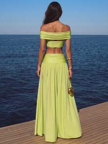 Perirose Bộ đồ nữ màu xanh lá chanh gồm áo croptop trễ vai và chân váy dài, thiết kế thắt eo thời trang, gồm 2 mảnh, thích hợp cho kỳ nghỉ biển. - Màu xanh Ô liu - Xem 2