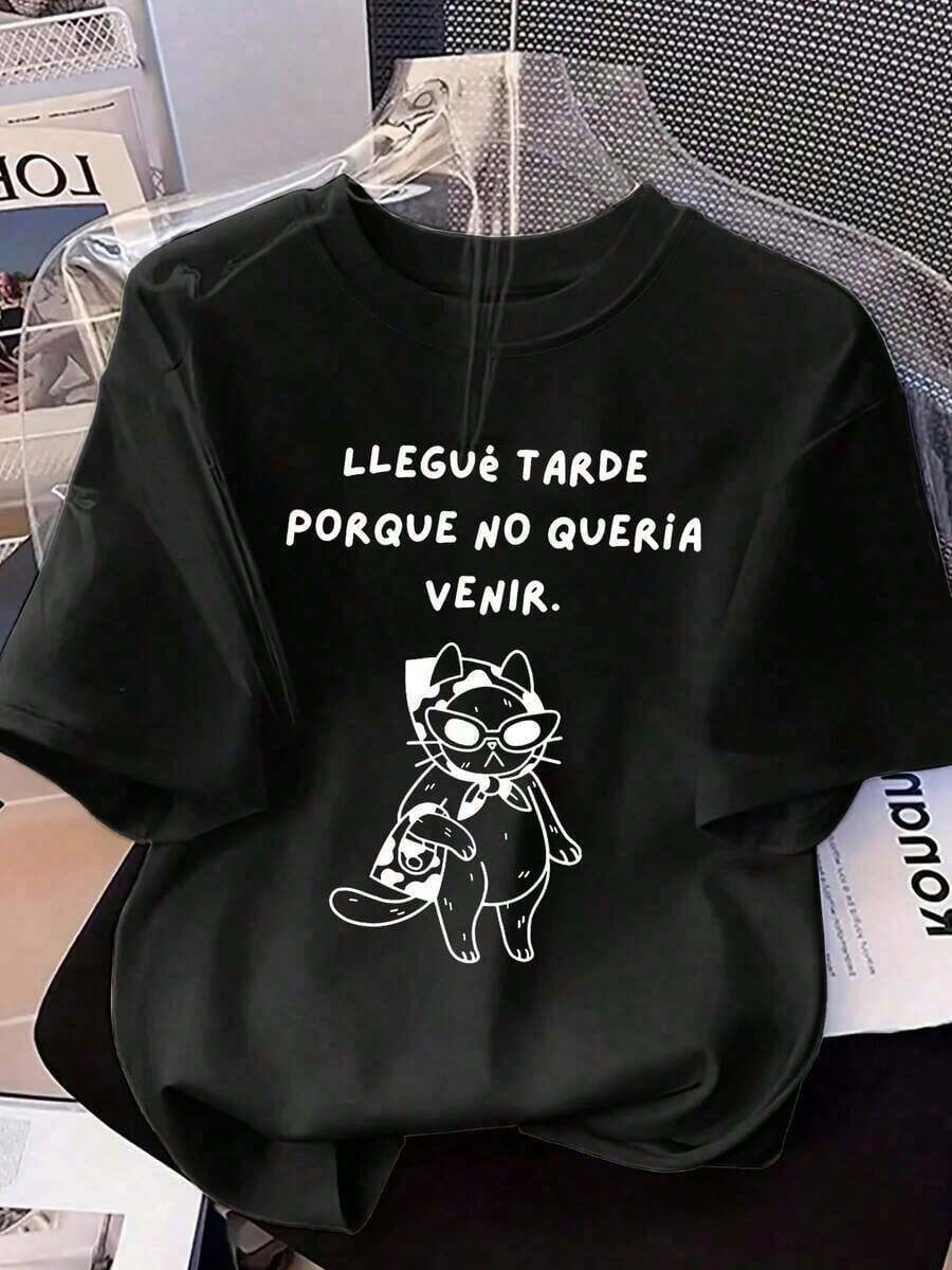 100% cotton 2026 Nueva primavera Camiseta de cuello redondo de manga corta con estampado de gato de estilo español casual, blanca de verano Blusas Bonito 100% Cotton - Negro - Ver 1