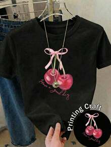 Camiseta Casual Negra de Manga Corta para Mujer, de Poliéster, con Estampado de Cerezas, Cuello Redondo, Corte Regular, para Uso Diario - Negro - Ver 6