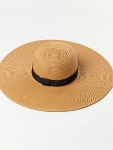 1pc Women's Wide Brim Straw Hat With Black Ribbon, Sun Protection Beach Hat,Holiday,Travel - Multicolor - View 5