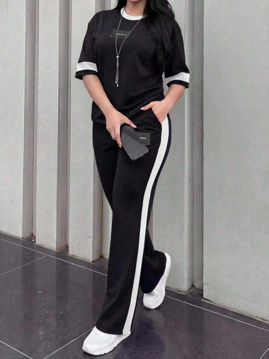 Women's New Round Neck Short Sleeve T-Shirt And Elastic Waist Loose Pants 2 Pieces Set, Casual Daily Wear, Spring/Autumn Summer - 杏色 117 - 查看 1