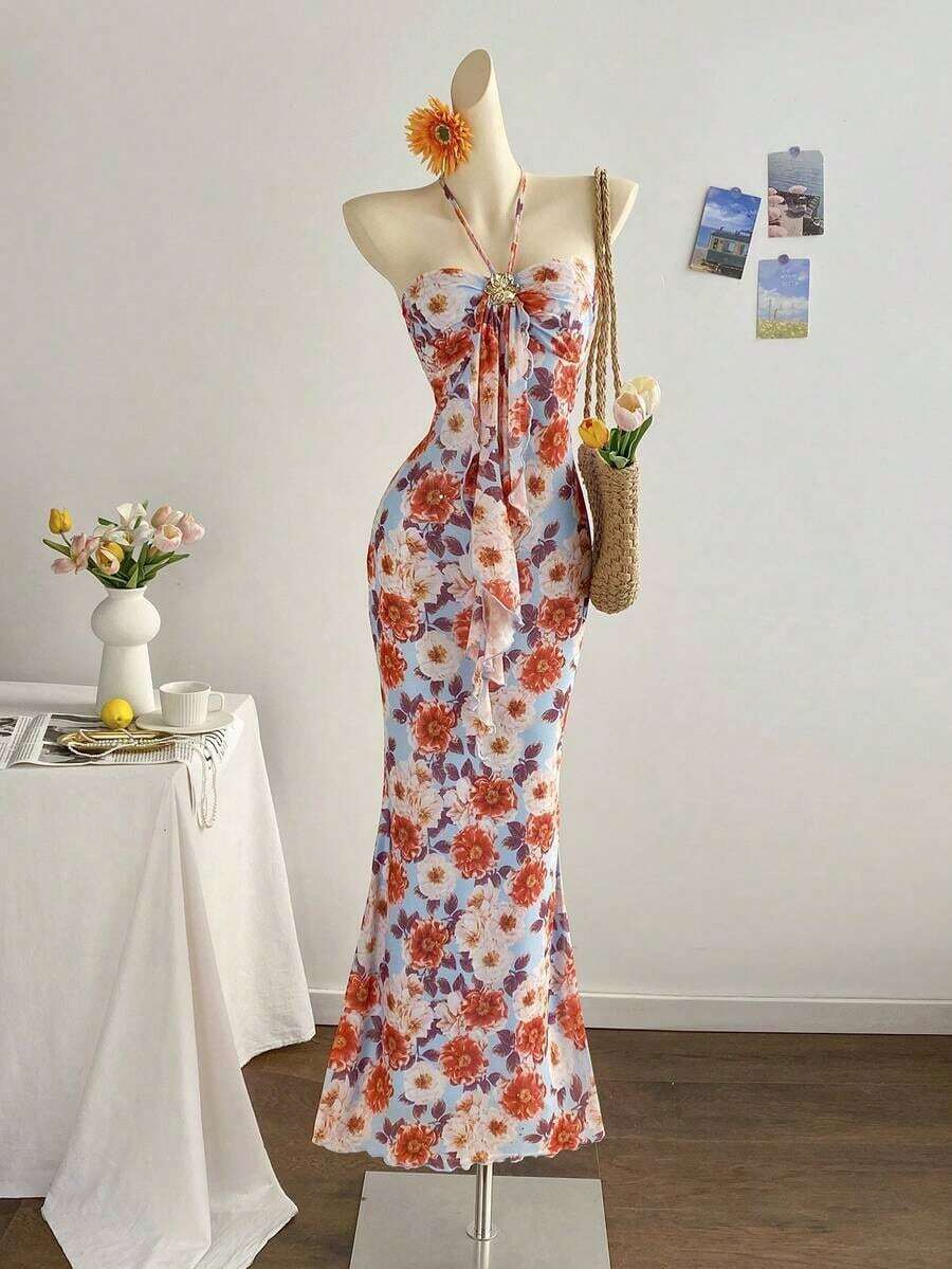2026 Women's Romantic Gradient Mesh Knit Holiday Dress With Halter Neck, Bow And Decorative Metal Buckle, Mermaid Cut, Suitable For Parties, Dates, Afternoon Tea, Sexy And Elegant - 軍綠色 - 查看 1