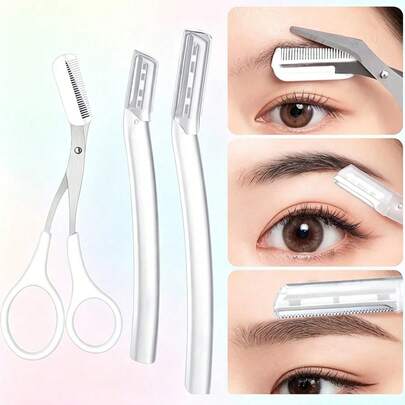 Set de 3 piezas Navaja y Tijeras para Cejas, Kit de Recortadora de Cejas de Acero Inoxidable, Herramientas de Eliminación de Vello Facial para Principiantes, Herramientas de Belleza Multiusos para Mujeres, Combo de Navaja y Tijeras para Cejas, Removedor de Vello Facial No Irritante Adecuado para Principiantes, Herramientas de Belleza Multiusos para Uso Diario, Recortadora de Cejas y Tijeras con Peine de Acero Inoxidable, Herramientas Multifuncionales de Eliminación de Vello Facial para el Arreglo de Cejas y Vello Corporal