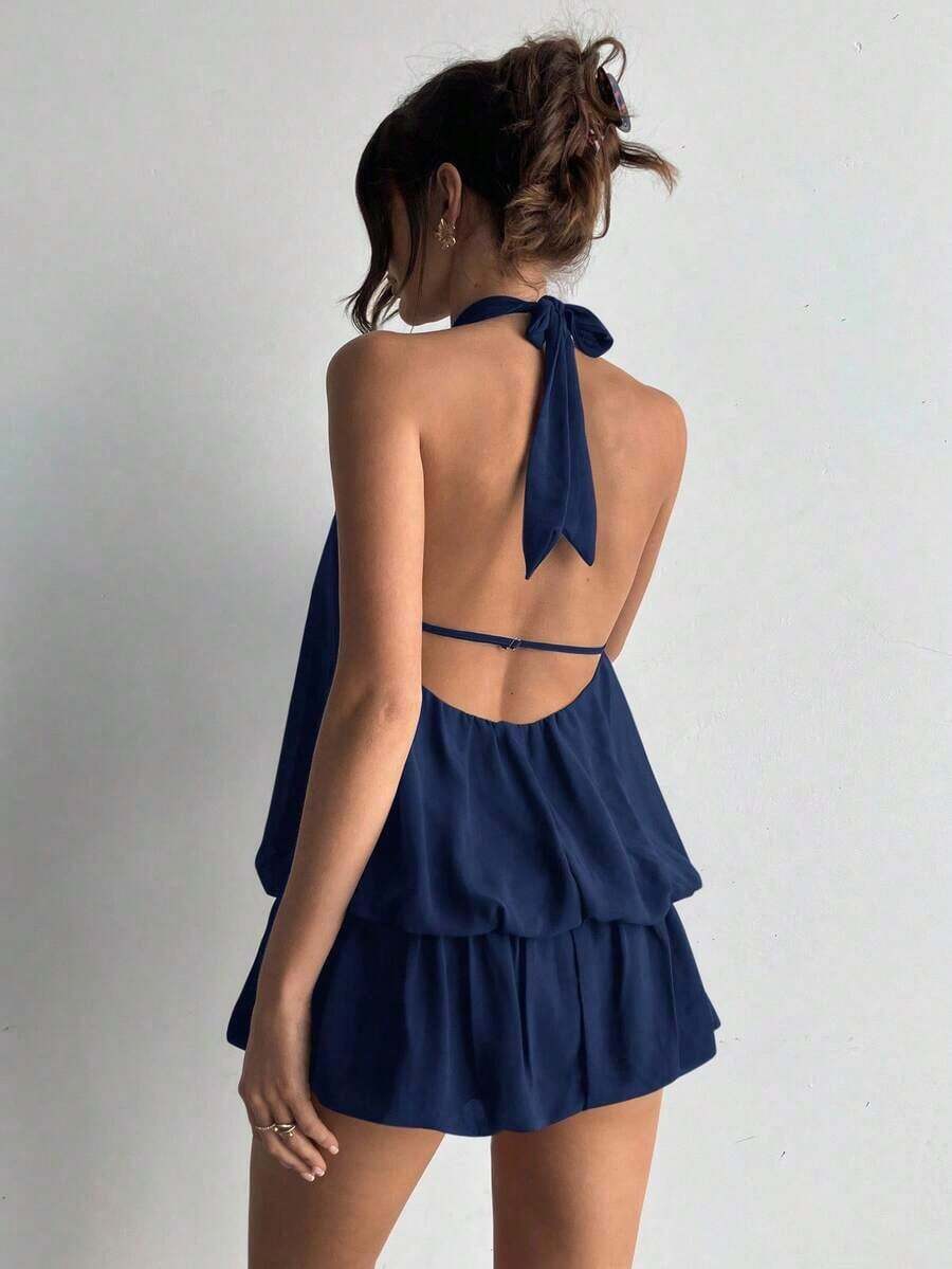 KIMW Vestido casual de verano para mujer con cuello halter, unicolor y volantes en el bajo - Azul marino - Ver 1