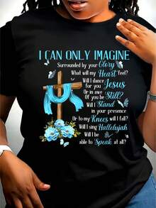 Talla Grande - Talla Grande - Camiseta Cristiana Inspiradora para Mujer - Con la letra de "I Can Only Imagine", Top Casual de Manga Corta con Cuello Redondo con una Cruz y Diseño Floral Azul, Lavable a Máquina, Elegante para Primavera y Verano - Negro - Ver 1