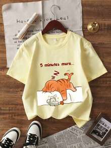 1 Piece Women's Short Sleeve Crew Neck Summer T-Shirt With "Sleeping Cat" English Letter Print, Suitable For Summer, Beach, Street, And Everyday Wear. Stylish Y2K Vacation Top, Casual Summer Outfit, Women's Holiday Wear. Pure-Cotton - 杏色 - 查看 3