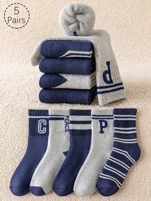 5 Pairs Kids/Toddler Boys' Crew Socks, Gray & Blue Color Block, Cartoon, Letter, Striped Pattern, Ribbed, Warm Thick Socks, Suitable For Daily Wear, Gifts, Cute & Fashionable, Minimalist Design, Suitable For Spring, Autumn, Winter - Multicolor - View 8