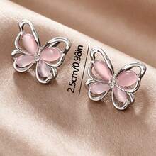 1 par de pendientes de mariposa, dulces y lindos, minimalistas y de lujo, versátiles, adecuados para uso casual de primavera/verano, bodas y fiestas - Rosa Pálido - Ver 4