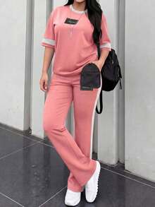 2 piezas Conjunto de camiseta de manga corta de cuello redondo y pantalones sueltos de cintura elástica para mujer, uso diario casual, negro, verano - Rosa 64 - Ver 5