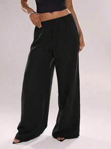 Women's Solid Color Casual Everyday Pants With Drawstring Waist - Black - View 8