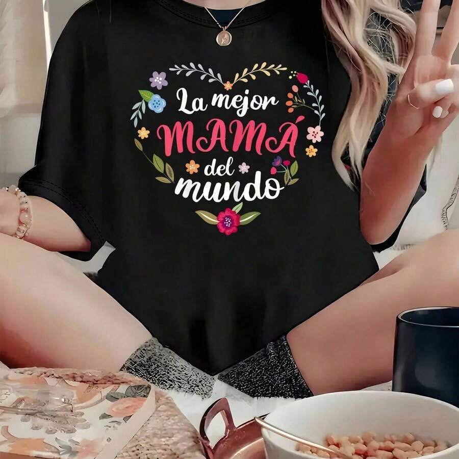 Camiseta para Mujer La Mejor Mama del Mundo con Estampado Floral y Corazon Diseño de Regalo Ideal para Madres Talla Grande Casual y Comoda - Negro - Ver 1