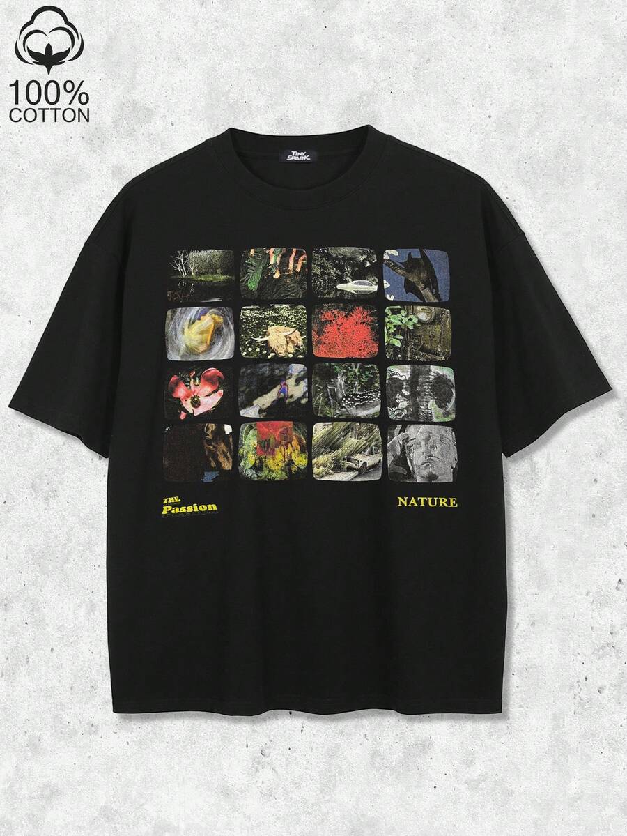 Tiny Spark Vintage Patchwork Rock Style Graphic Black T-Shirt, Street Fashion - Black - View 1
