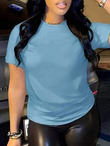 de verano para mujer de unicolor con cuello redondo sencillo y mangas cortas, para uso diario - Azul 2 - Ver 4