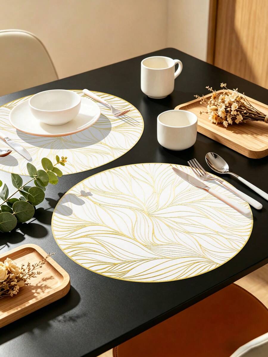6/120pcs, Gold Round Leaf PVC Placemats, Waterproof & Oil-Resistant Tabletop Decor Mats, Washable Tableware Mats, Non-Slip & Odorless Western Dining Mats, Suitable For Restaurants, Cafes, Homestays, Perfect For Holidays, Parties, Gatherings, Birthdays, Weddings, Dinner Parties - Multicolor - View 1