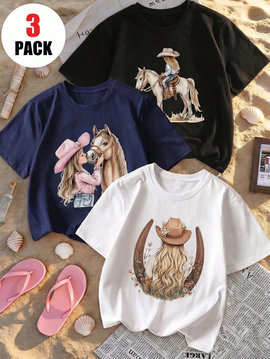 Bộ 3 áo thun ngắn tay cổ tròn in họa tiết dành cho bé gái, trang phục mùa hè cho học sinh - Áo thun in hình ngựa đáng yêu mang lại niềm vui và hạnh phúc cho mọi bé!