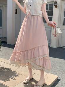 Casual Style Irregular Lace Patchwork Cake Skirt, High-Waisted Slimming Mid-Length Skirt, Fairy-Like And Gentle Style - Pink - View 3