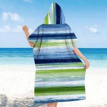 1pc Striped Floral Print Ultra-Soft Hooded Beach Towel, Beach Coverup Robe, Wearable Bathrobe, Extra Large Cute Beach Towel, Anime Pool Towel, Birthday Gift, Super Absorbent Microfiber Beach Blanket - D - View 1