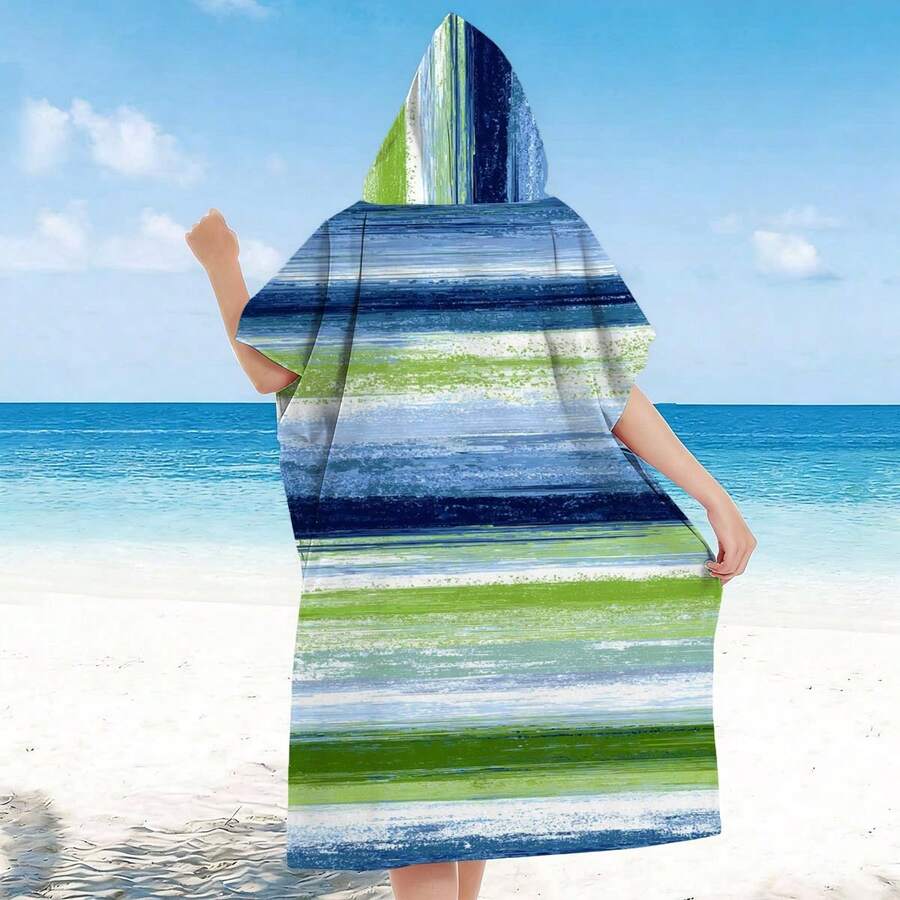 1pc Striped Floral Print Ultra-Soft Hooded Beach Towel, Beach Coverup Robe, Wearable Bathrobe, Extra Large Cute Beach Towel, Anime Pool Towel, Birthday Gift, Super Absorbent Microfiber Beach Blanket - D - View 1