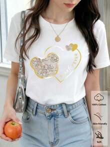 Camiseta cómoda de mujer con estampado de rayas y flores de margarita, cuello redondo, manga corta, minimalista y versátil para uso casual - Blanco 2 - Ver 3
